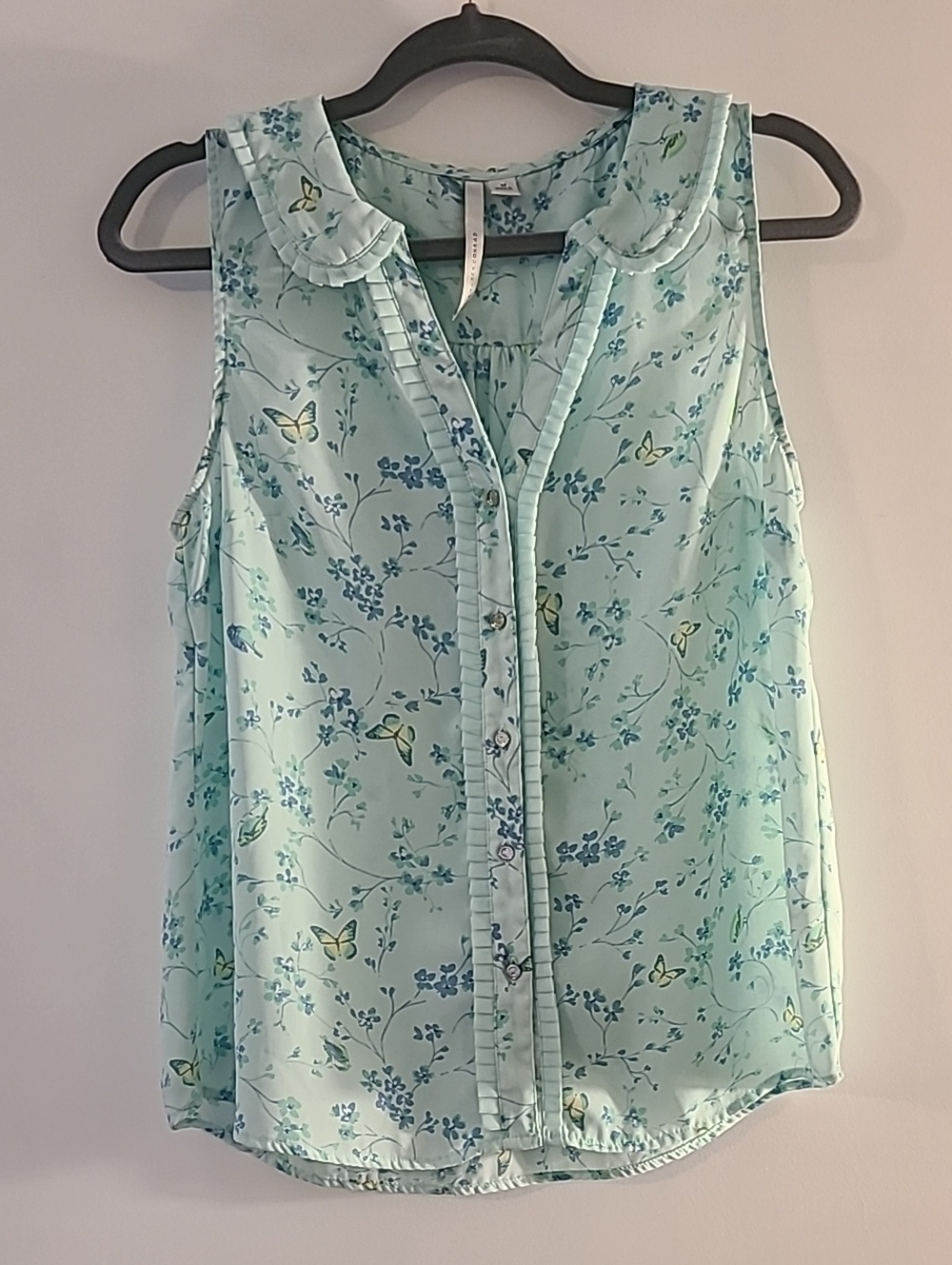 Lauren Conrad Light Aqua Floral Bluebird Butterfly Blouse Peter Pan Collar